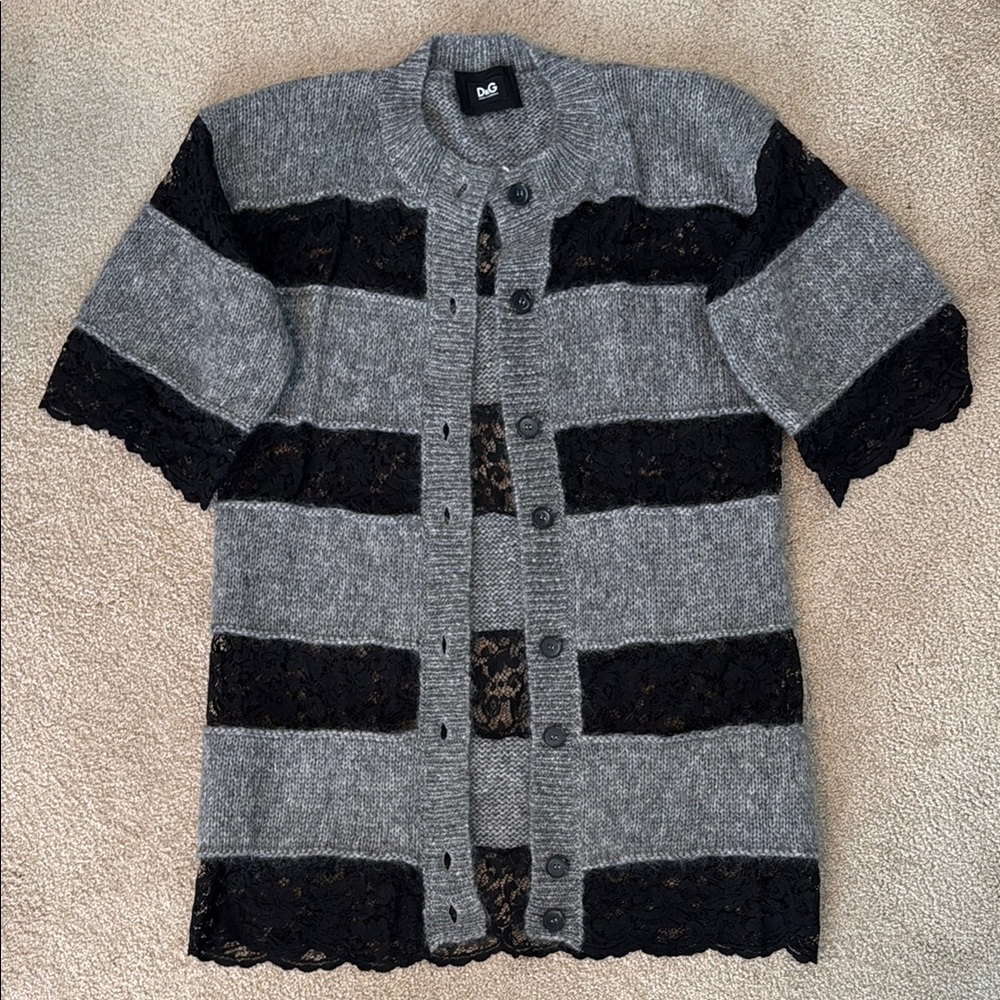D&G Gray and Black Striped Cardigan with Lace Accents
